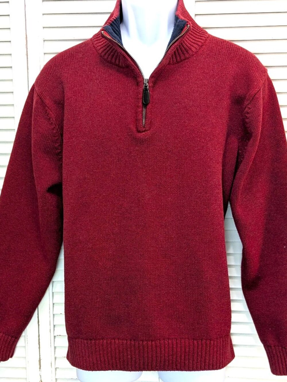 LL Bean Mens 1/4 Zip Sweater L/XL Burgundy Pullover Mock Neck Heavy Cotton